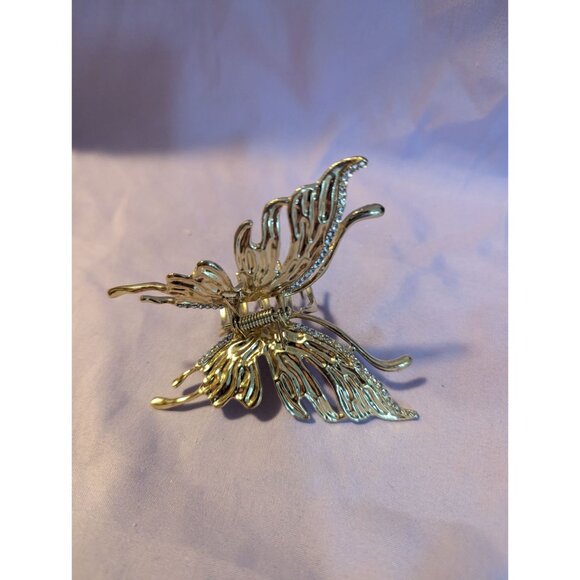 Gold Tone Butterfly Hair Claw Clip Rhinestone Accents & Intricate Wing Design - Picture 2 of 3